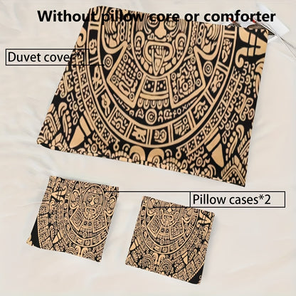 3pcs Comfortable Retro Mayan Civilization Theme Duvet Cover Set, Soft High-Definition Digital Print, Black And Golden Design, All-Season, Family And Friends Gift, Machine Washable (1 Duvet Cover + 2 Pillowcases, No Filling)