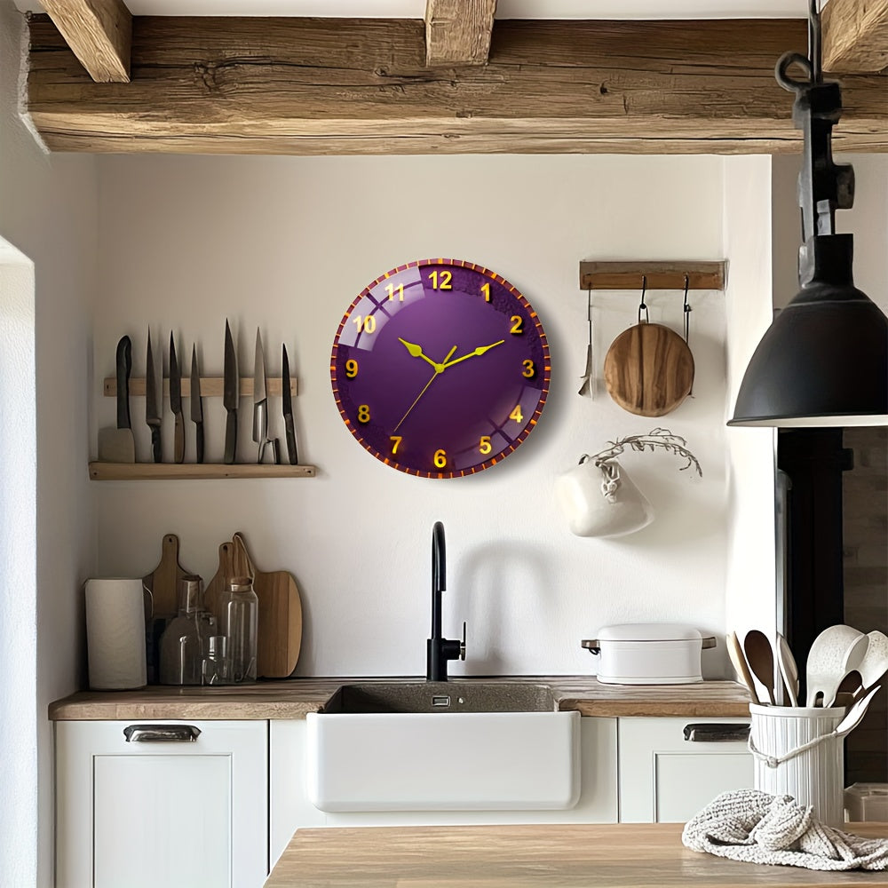 Large Modern Purple & Golden Wall Clock with Black Hands - 30cm/11.81" Thick Tempered Glass Silent Quartz Movement, Mechanism, Modern Round Wall Clock for Living Room, Bedroom, Office - Elegant Purple Face with Golden Hands,