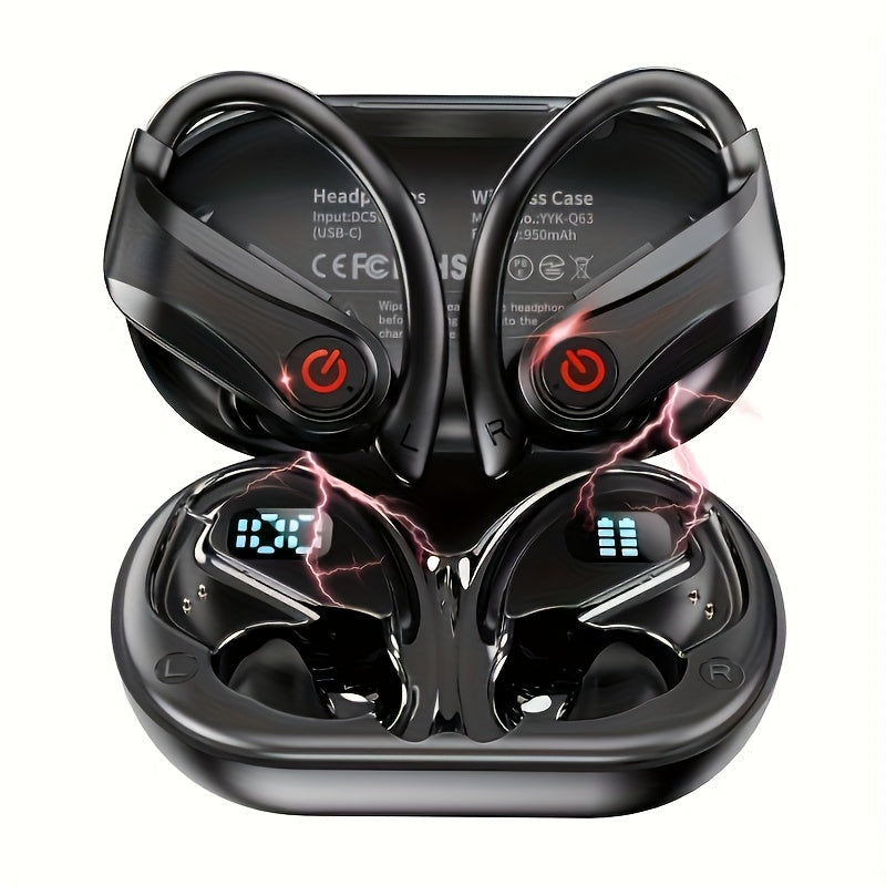 Open-Ear Wireless Earbuds Bluetooth Earbuds with 120-Hour Battery Life Bluetooth 5.4, SportsEarbuds with Built-in Microphone Wireless Charging Case with LED Display Wireless BlackWith Ear Hooks for Workouts, Running, And Gym
