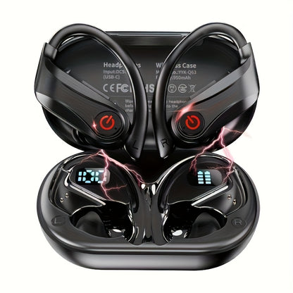 Open-Ear Wireless Earbuds Bluetooth Earbuds with 120-Hour Battery Life Bluetooth 5.4, SportsEarbuds with Built-in Microphone Wireless Charging Case with LED Display Wireless BlackWith Ear Hooks for Workouts, Running, And Gym