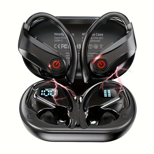 Open-Ear Wireless Earbuds Bluetooth Earbuds with 120-Hour Battery Life Bluetooth 5.4, SportsEarbuds with Built-in Microphone Wireless Charging Case with LED Display Wireless BlackWith Ear Hooks for Workouts, Running, And Gym