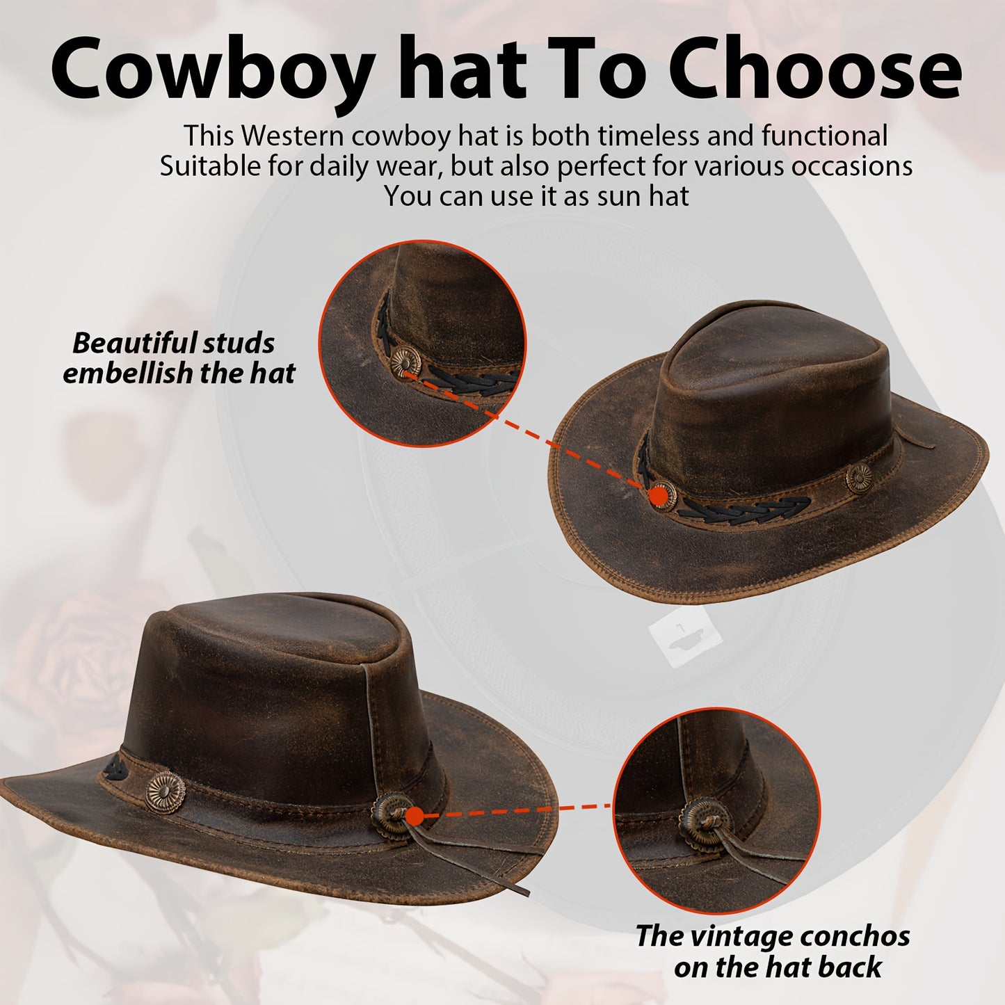 Shapeable Leather Cowboy Hat Into Outback Hat Western Vintage Australian Hats for Men & Women, Festival Unisex Outdoor, High Quality &, Handcrafted Headwear-Stitching, Lightweight Top-Grain Leather, Brass Studs, Adjustable Ch