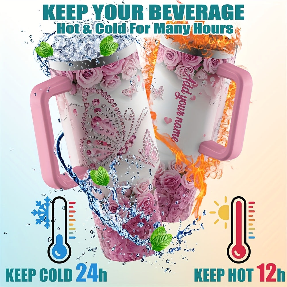One Personalized 40Oz Tumbler Featuring a Lid And a Butterfly Design, Customized with a Name. This Stainless Steel Water Bottle Is Insulated And Built to Last, Making It a Perfect Gift for Various Occasions Such As Birthdays,