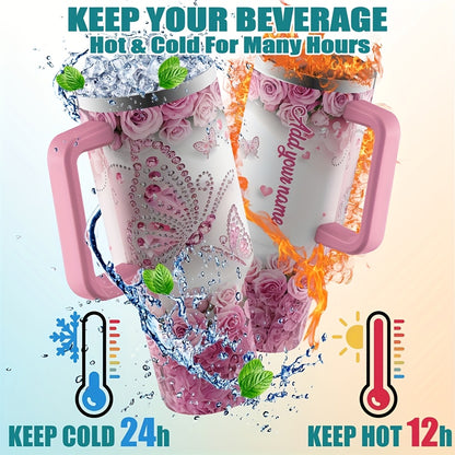 One Personalized 40Oz Tumbler Featuring a Lid And a Butterfly Design, Customized with a Name. This Stainless Steel Water Bottle Is Insulated And Built to Last, Making It a Perfect Gift for Various Occasions Such As Birthdays,