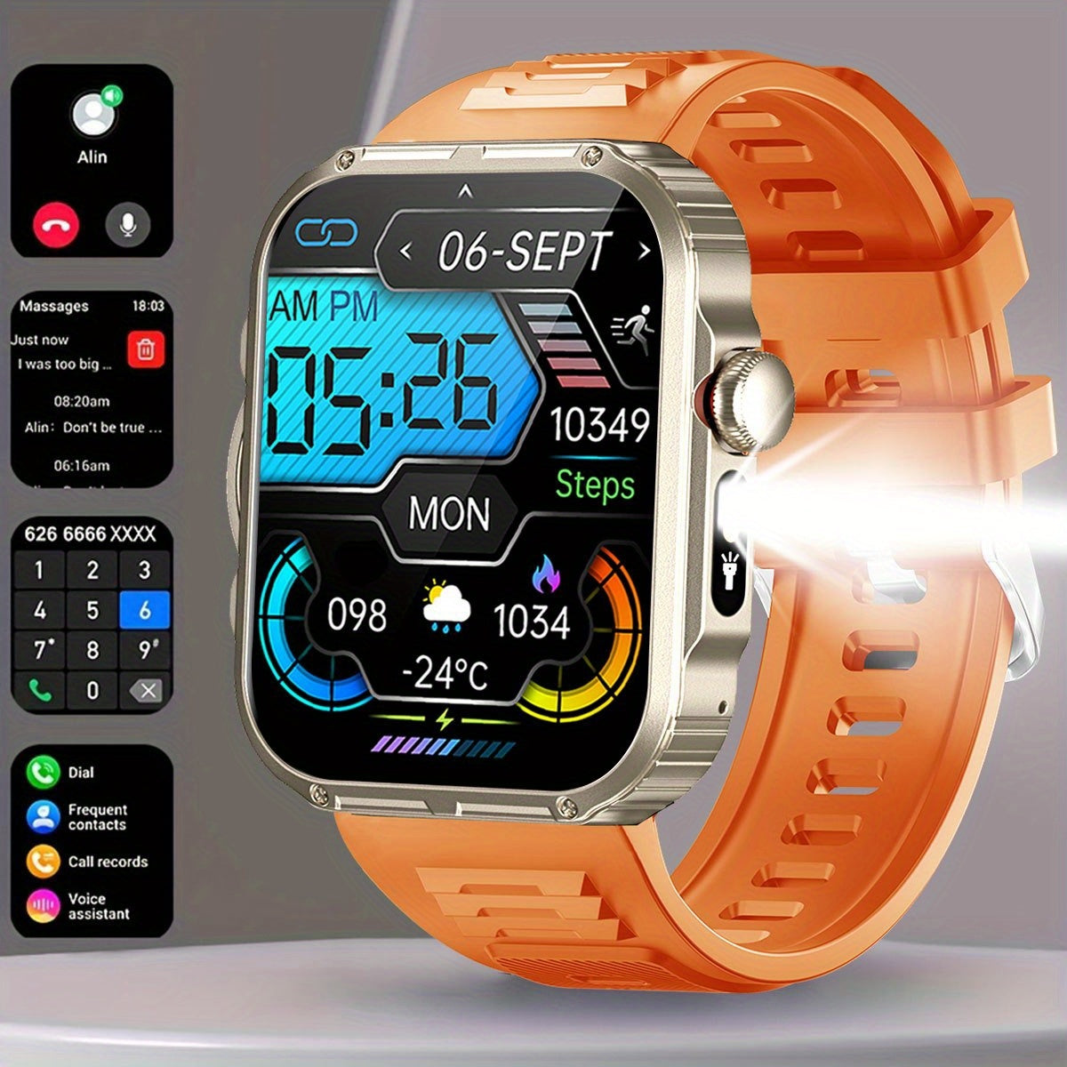 Wireless Calling Smartwatch, 2.02-inch 240P Resolution, Life, Wireless 5.3 Calls, Message Real-Time Alerts, Sedentary, Drinking Water, Alarm Clock Reminder, Accurate Exercise Data Recording, Built-in Flashlight, Multi-mode Co