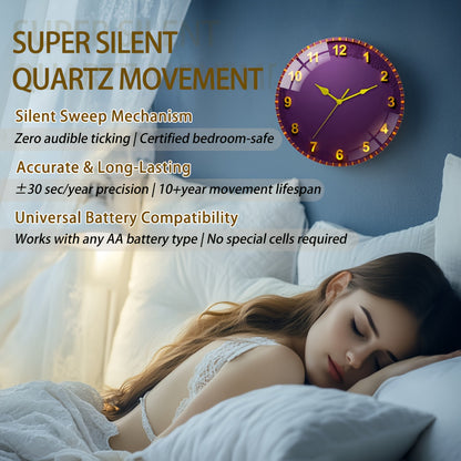 Large Modern Purple & Golden Wall Clock with Black Hands - 30cm/11.81" Thick Tempered Glass Silent Quartz Movement, Mechanism, Modern Round Wall Clock for Living Room, Bedroom, Office - Elegant Purple Face with Golden Hands,