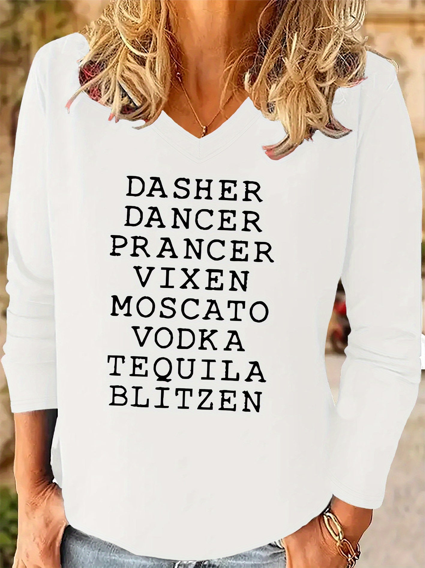 Women'S Fashionable Long Sleeve V-Neck T-Shirt with "Dasher, Dancer, Prancer, Vixen, Moscato, Blitzien" Print Design - Casual Autumn and Winter Long Sleeve Tee