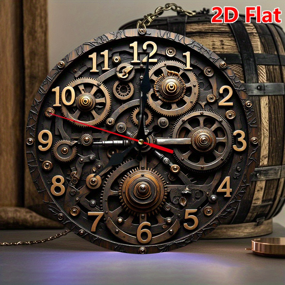 10 Inch Steampunk Wall Clock with Gears & Cogs - Silent Non-Ticking Movement, Large Black & Golden Roman Numerals, 2D Flat Round Battery Operated Clock for, Office, Kitchen, for Cave - Style Decorative Timepiece, 2D Flat