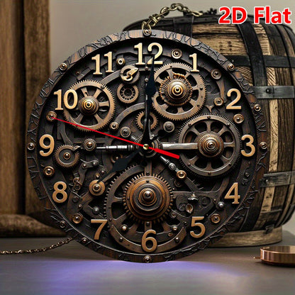10 Inch Steampunk Wall Clock with Gears & Cogs - Silent Non-Ticking Movement, Large Black & Golden Roman Numerals, 2D Flat Round Battery Operated Clock for, Office, Kitchen, for Cave - Style Decorative Timepiece, 2D Flat