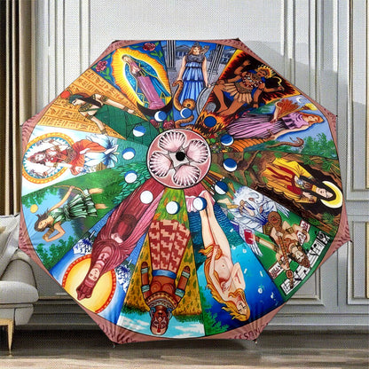 Automatic Folding Umbrella with Greek/Roman/Romanesque Mythology Panels - 8-Rib Compact Collapsible Design, Auto-Open/Close, Greek Goddess & Roman God Art (Poseidon, Athena, Zeus) - Portable Umbrella for &, Cultural Gift Idea