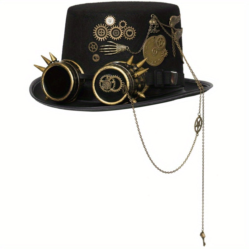 Steampunk Top Hat with Metal Chain and Goggles - Victorian Headdress Costume Accessory for Women - Perfect for Halloween and Cosplay