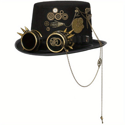 Steampunk Top Hat with Metal Chain and Goggles - Victorian Headdress Costume Accessory for Women - Perfect for Halloween and Cosplay