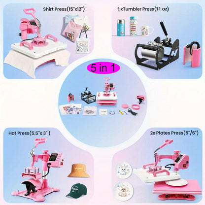 15"x15"/15"x12" - 8in 1/5in 1 Heat Press Combo, Rotatable Design, Multi-Size Transfer Professional Sublimation Kit, Suitable for T-Shirts, Bags, Pillows, Hats, Beanies, Rollers - Three-in-One Automatic Hat Press Only for Hats