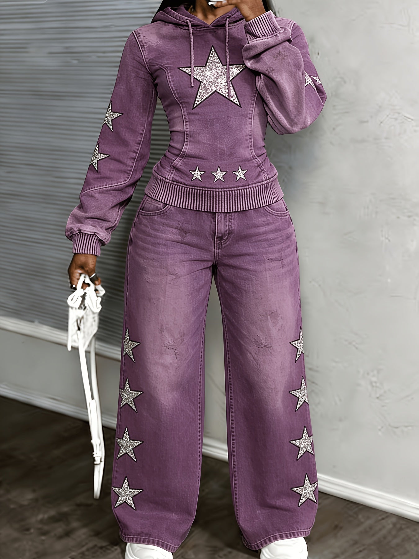 [Printed Pants - Not Denim Fabric] [Non-denim] Women's Flat Print Trendy Casual Long-Sleeved Hooded Drawstring Sport Top + High-Waisted Sport Pants]
