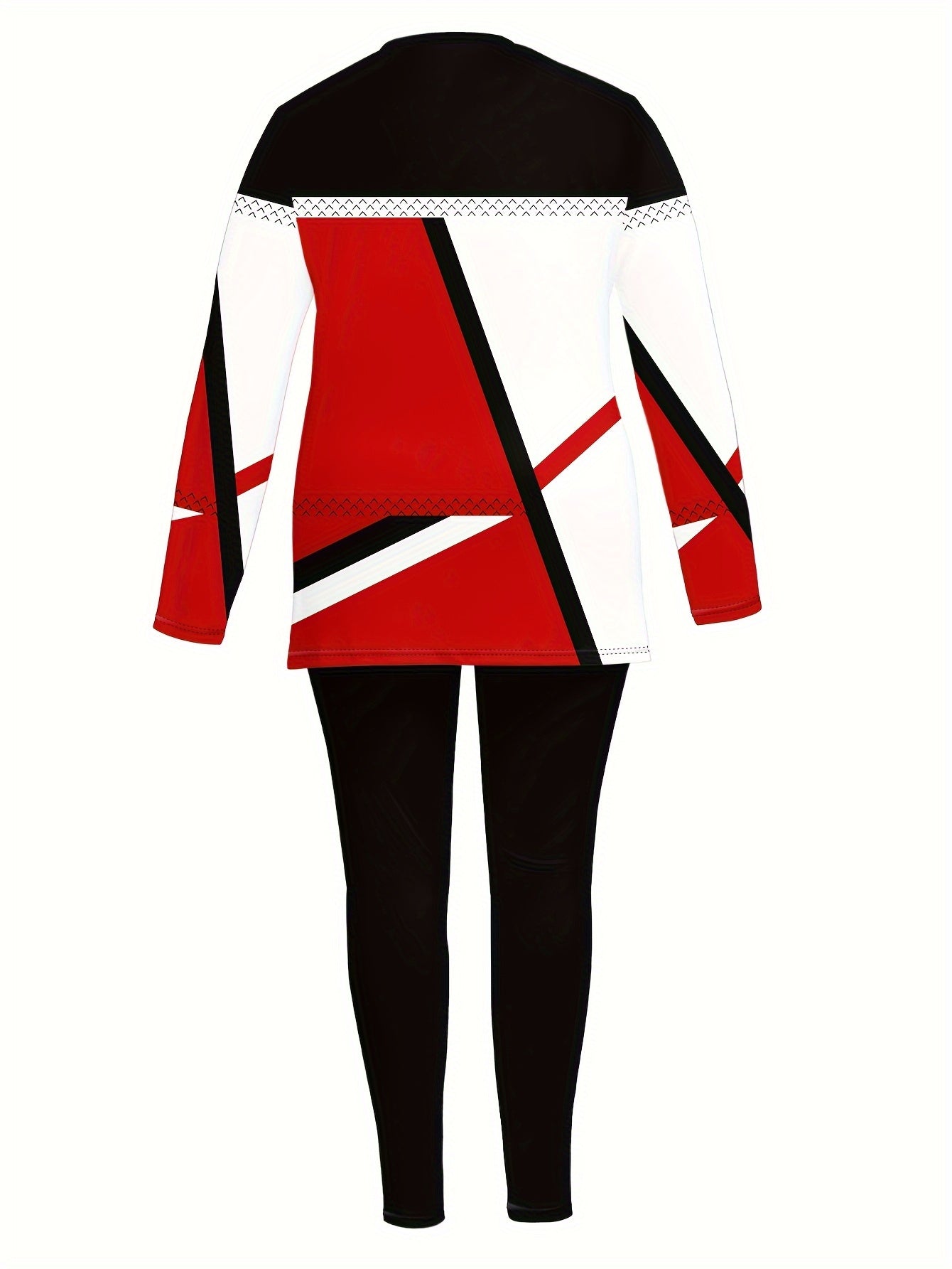 Women's Casual Two-Piece Set - Color Block Print Long Sleeve T-Shirt & Slim-Fit Pants with Slit Detail Round Neck Top, Black/White/Red Contrast Outfit, All-Season Comfort Fit for Spring/Autumn, Casual to Semi-Formal Wear, Eas