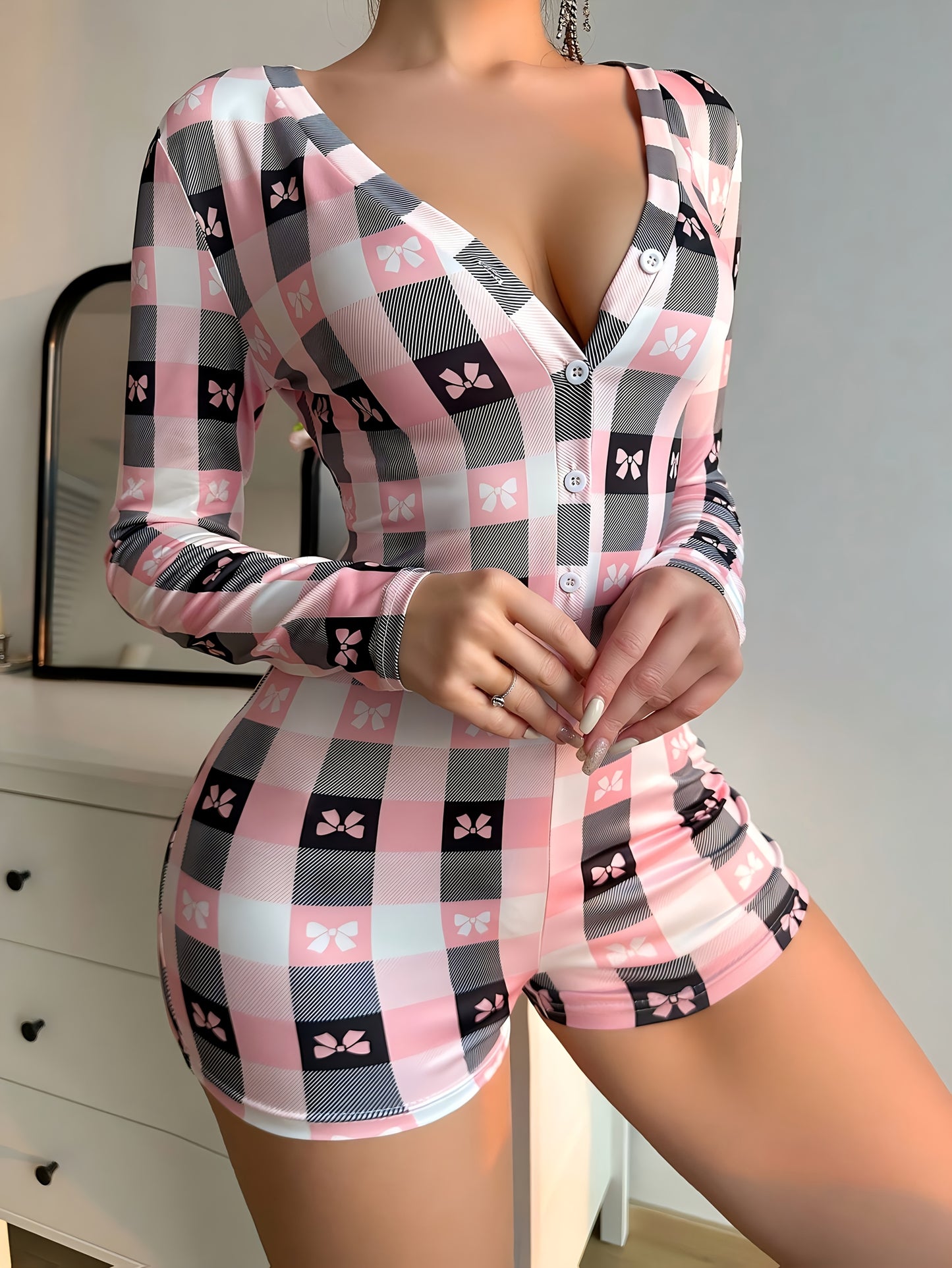 Women'S Shorts Jumpsuit with a Bow Print, Alluring Design Featuring a Deep V-Neck And Long Sleeves, Perfect for Casual Home Wear Or Street Outings, Ideal for a Feminine Date, Trendy Street Outfit.