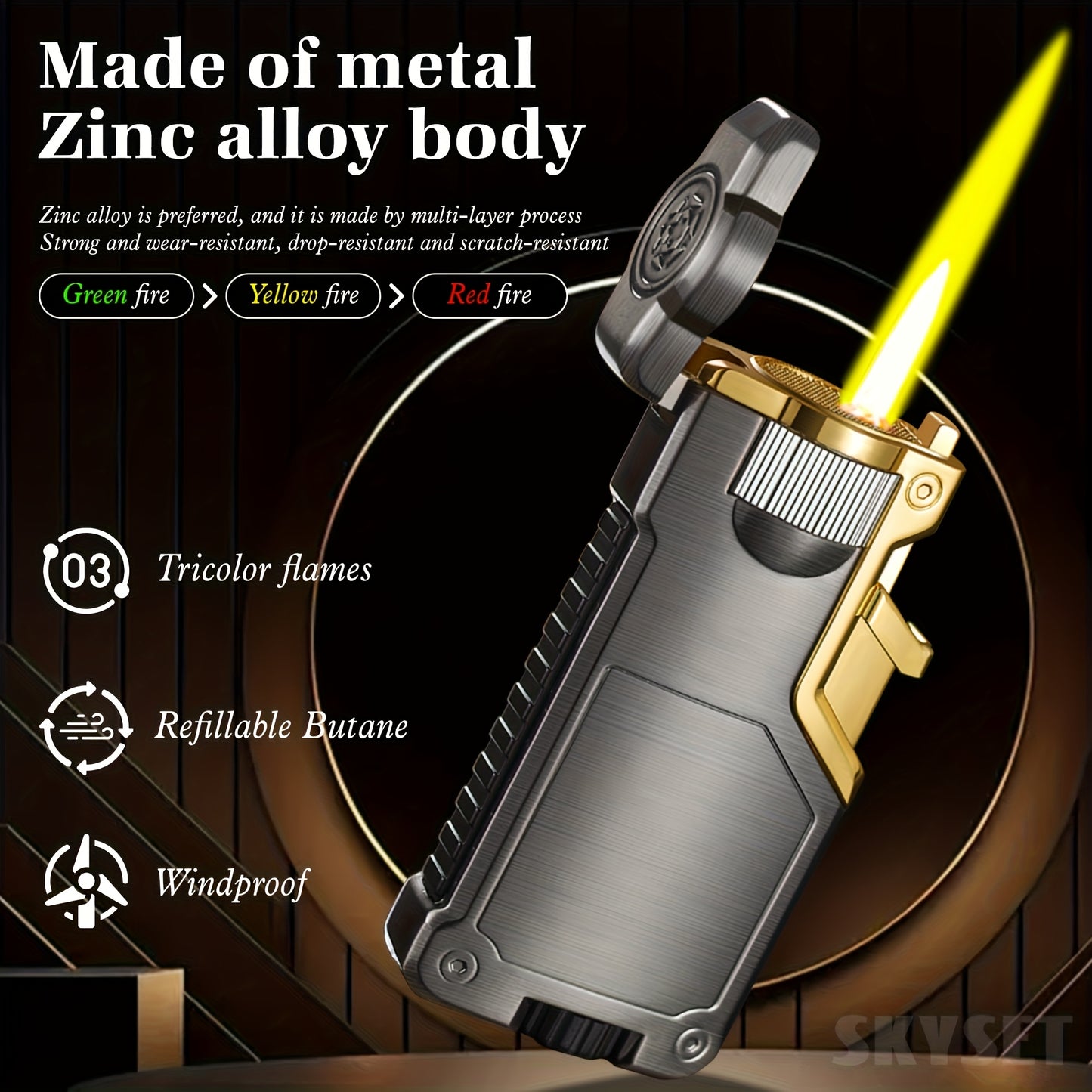 Butane Lighter Available in Three Colors, Featuring a Flame Switch, Windproof Design, And Direct Ignition. This Inflatable Lighter Is Made of Metal And Allows for Flame Size Adjustment