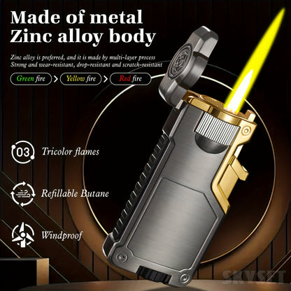Butane Lighter Available in Three Colors, Featuring a Flame Switch, Windproof Design, And Direct Ignition. This Inflatable Lighter Is Made of Metal And Allows for Flame Size Adjustment