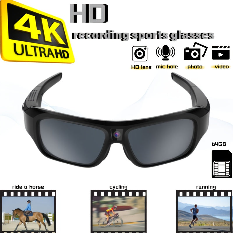 4K Ultra Clear Smart Video Glasses, Wide-angle 120 °, 120 Minute Battery Life, USB Charging, Very Suitable For Cycling, Driving, Hiking, Traveling, Mountaineering, Exploration, Fishing Travel, Including 64GB Storage Card, Re