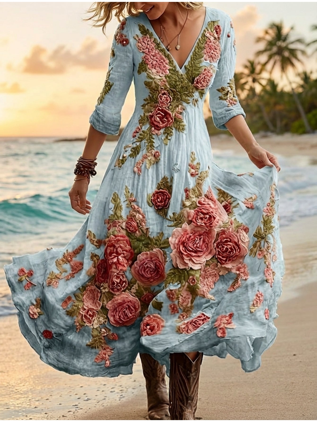 Women's Bohemian A-Line Dress with V-Neck & Cross Back Straps - Short Front Slit & Flowing Floor-Length Skirt, Wedding Guest Gown for Spring Summer Fall Parties, Short Front Long Back Dress (No Underbelly)