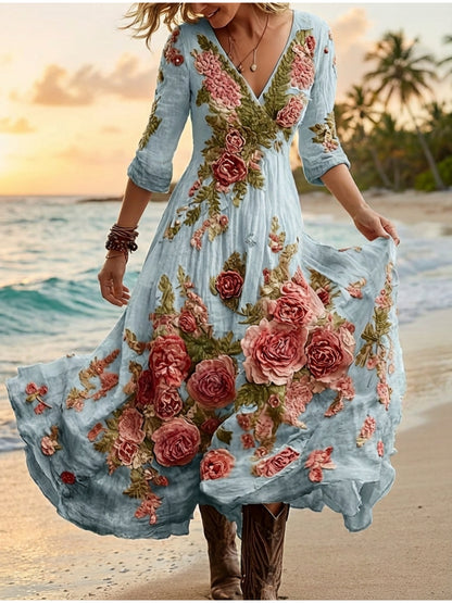 Women's Bohemian A-Line Dress with V-Neck & Cross Back Straps - Short Front Slit & Flowing Floor-Length Skirt, Wedding Guest Gown for Spring Summer Fall Parties, Short Front Long Back Dress (No Underbelly)