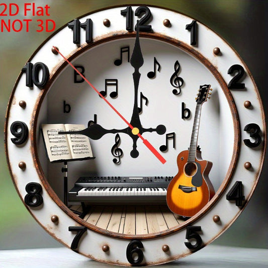 10-inch Vintage Music-Themed Silent Quartz Wall Clock with Large Black Hands & White Face - Wooden Round Clock for Home, Coffee Shop, Music Room Decor - Easy-to-Read Large Numerals, Beige Background with Musical Notes & Trebl