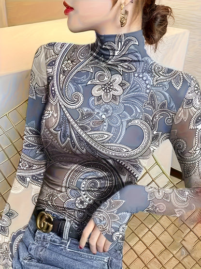 Plus Size - Plus Size Long Sleeve T-Shirt for Women with a Semi-High Collar, Featuring a Printed Design, Perfect for Autumn And Winter, Tailored to Create a Slim Silhouette.