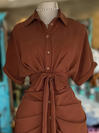 Women'S Stylish Solid Color Short-Sleeve Dress with a Single Button, Tie, And Bow Detail.