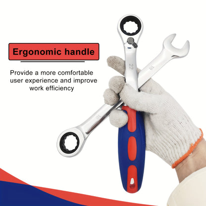 [Ratcheting Wrench Set] 9pcs 72-Tooth Reversible Soft Grip Ratcheting Wrench Set | Combination Wrench Set, Offset Box Wrench with Organizer Box, 8-22mm, Metric, 15-Degree, Cr-V Steel for Automobile, Car, Motorcycle, Bicycle,