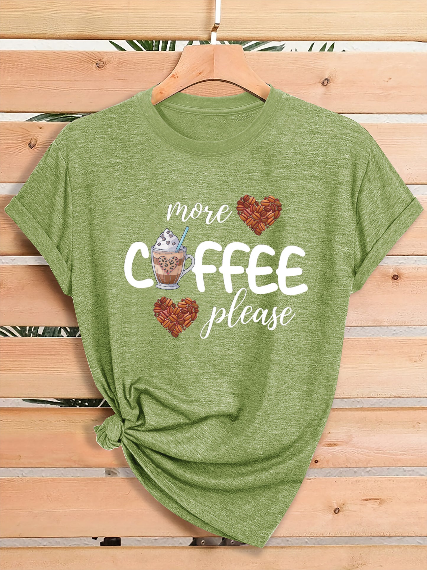 Women'S Coffee Lover Graphic T-Shirt - "More COFFEE Please" Print with Coffee Beans & Heart Eyes - Soft Stretch Round Neck Casual Streetwear Top for Gym, Casual Attire & Coffee Shop Outfits - All-Season Comfort Fit Tee, Coffe