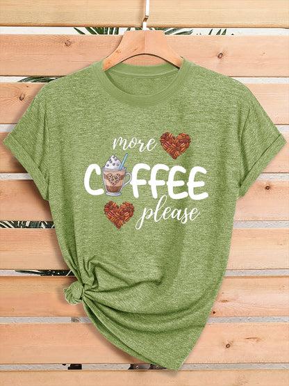 Women'S Coffee Lover Graphic T-Shirt - "More COFFEE Please" Print with Coffee Beans & Heart Eyes - Soft Stretch Round Neck Casual Streetwear Top for Gym, Casual Attire & Coffee Shop Outfits - All-Season Comfort Fit Tee, Coffe