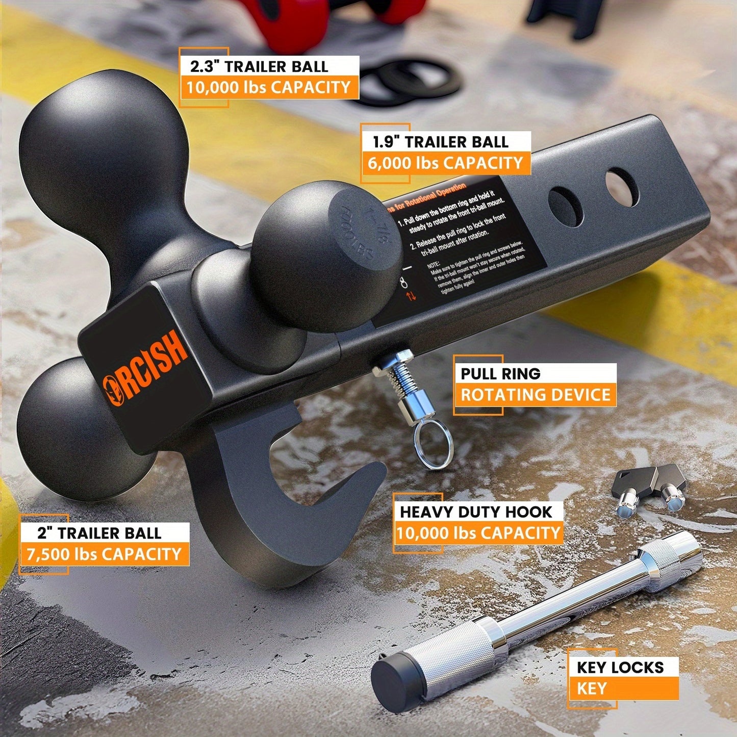 Trailer Hitch Tri-Ball Mount With Hook Contain Secure Self-Lock Latch, Hitch Ball Size 1-7/8", 2" And 2-5/16", Fit 2 Inch Hitch Receiver, Tow Hitch With Double Anti-Theft Pins Locks