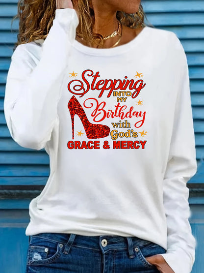Women'S Christian Faith-Inspired "Stepping Into Birthday with God'S Grace & Mercy" Red High Heel Print Long Sleeve T-Shirt - Soft Breathable 95% 5%, Casual & Streetwear Style, Birthday Outfit, Trendy Streetwear, Medium Stretc