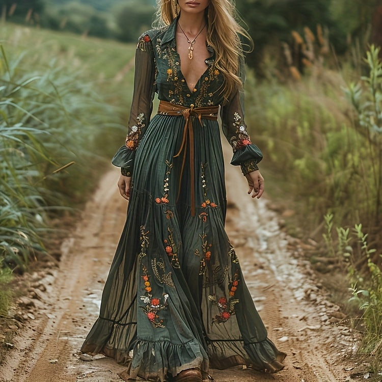 [Bohemian Style]Elegant Women's Round Neck Dress- Long Sleeve with Faux Drawstring Waist, High-Low Hem, Suitable for Spring, Summer, and Autumn, Casual and Elegant| High Waist Dress| Polyester fabric- belt not included, Autum