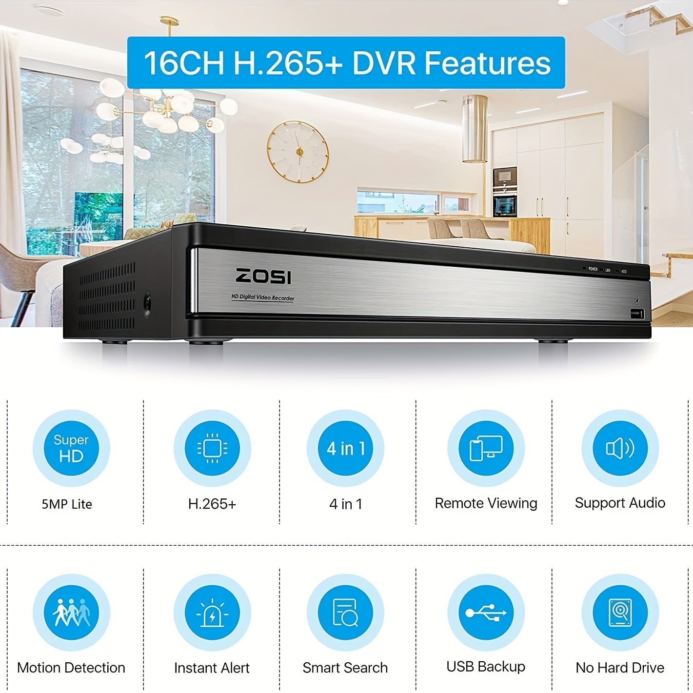 ZOSI 16-Channel 3K Lite Security Camera System with 12 Wired Cameras, 80ft IR Night Vision, AI Human/Vehicle Detection, 1080P Outdoor/Indoor CCTV DVR, H.265+ Smart Recording, 24/7 Monitoring, 16-Channel DVR with AI-Powered Al