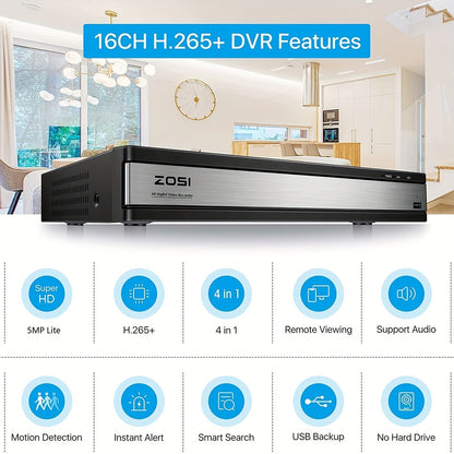 ZOSI 16-Channel 3K Lite Security Camera System with 12 Wired Cameras, 80ft IR Night Vision, AI Human/Vehicle Detection, 1080P Outdoor/Indoor CCTV DVR, H.265+ Smart Recording, 24/7 Monitoring, 16-Channel DVR with AI-Powered Al