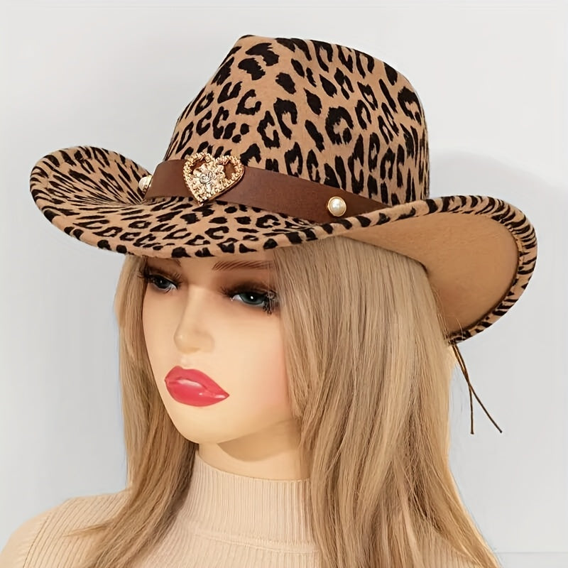 Women'S & Men'S Leopard Print Western Cowboy Hat with Detachable Heart-Shaped Felt Band - Lightweight Adjustable Snap Closure, Brown/Black/Beige/Tan Animal Print, Wide Brim for Outdoor Events, Christmas, Thanksgiving, Western