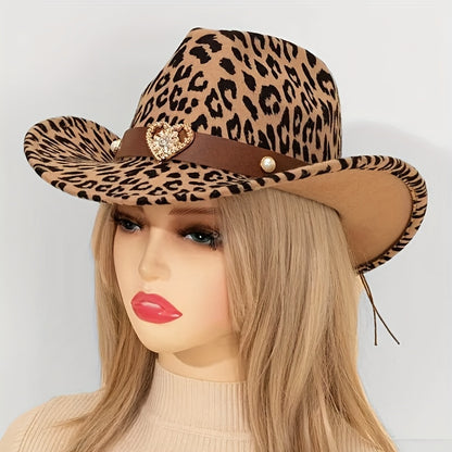 Women'S & Men'S Leopard Print Western Cowboy Hat with Detachable Heart-Shaped Felt Band - Lightweight Adjustable Snap Closure, Brown/Black/Beige/Tan Animal Print, Wide Brim for Outdoor Events, Christmas, Thanksgiving, Western