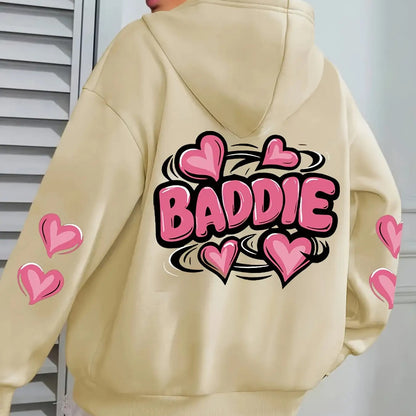 Women's Plus Size Oversized Hooded Sweatshirt 1XL-5XL - Cozy Baddie Graphic Hoodie with Heart Print, Long Sleeve Pullover, All-Season Casual Wear, Black Sweatshirt for Women Suitable for 1XL-5XL