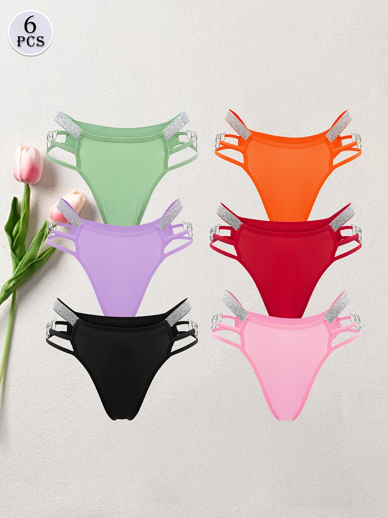 6pcs Women's Sexy Bikini Panties, Mixed Colour Heart Chain, Hollow Out, Glitter Waistband Elegant Luxury Thong, Romantic Dating & Party & Casual Attire Underwear, Women's G-string & Briefs