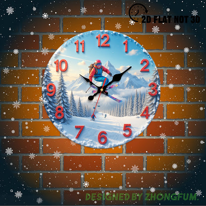 1pc Silent Non-Ticking Wall Clock with Skiing Scene in Snowy Mountains - Large Round - Quiet Movement, Wood Frame Suitable for Nursery, Room, Office, Christmas Holiday Decor - 10in & 12in Teaching Clock, 2D Flat