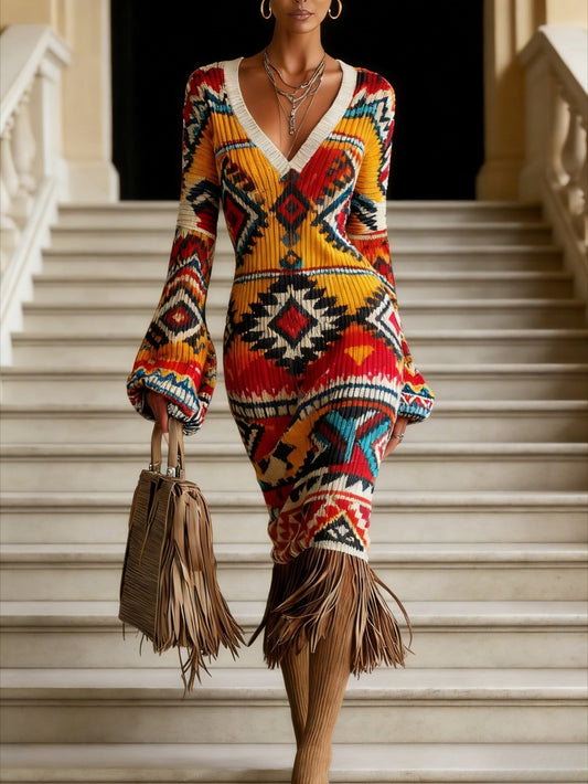 Plus Size - Loose V-neck Long Sleeve Floral Dress | Comfortable Skin-Friendly Fabric with Fringe Decoration, Exquisite Print, Asymmetrical Hem, Ideal for Daily Date and Commuting