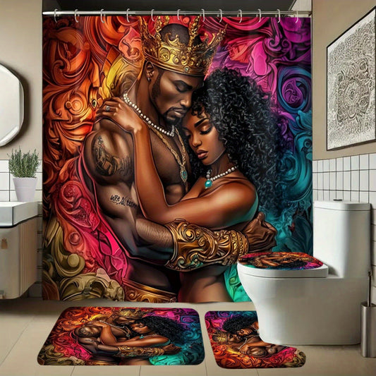 1/ 3/ 4pcs crown men and women, hug, colorful background pattern shower curtain with hooks, bathroom partition curtain, bathroom accessories, home decoration, all seasons elegant home accessories, machine washable