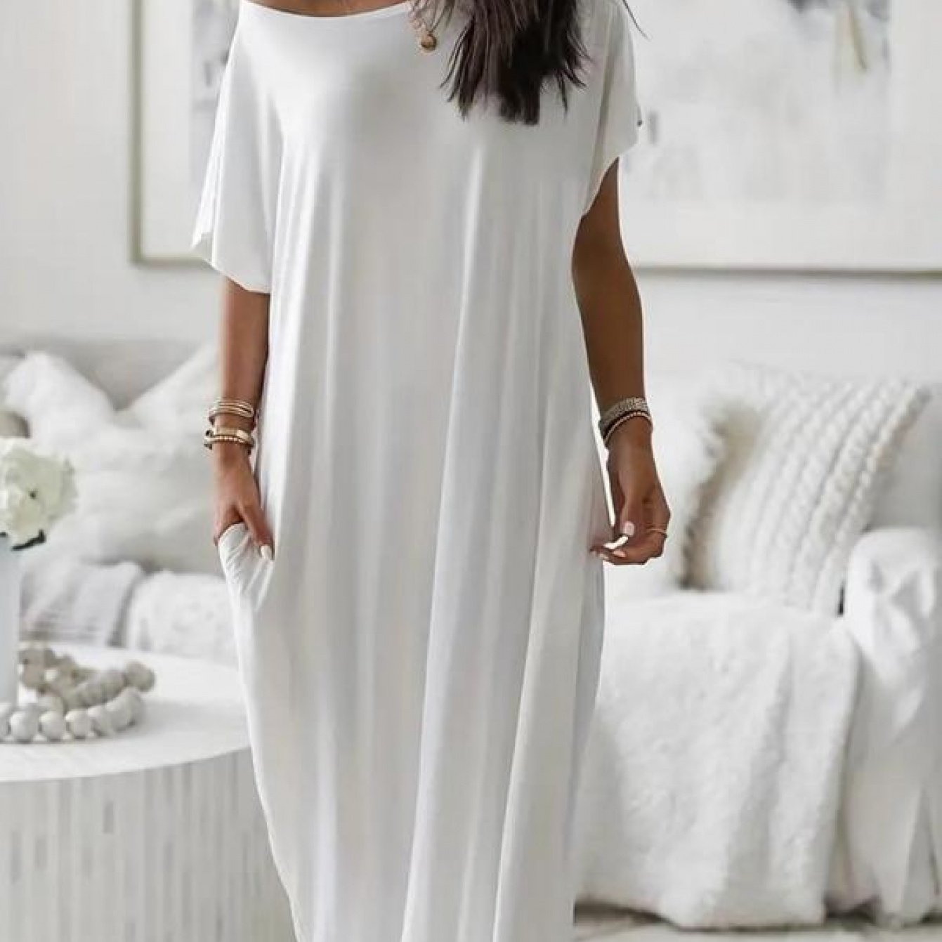 Women's Solid Color Batwing Sleeve Lounge Dress, Casual Comfy Short Sleeve Nightdress for Daily Wear, Loungewear, Ladies Sleepwear for All Seasons