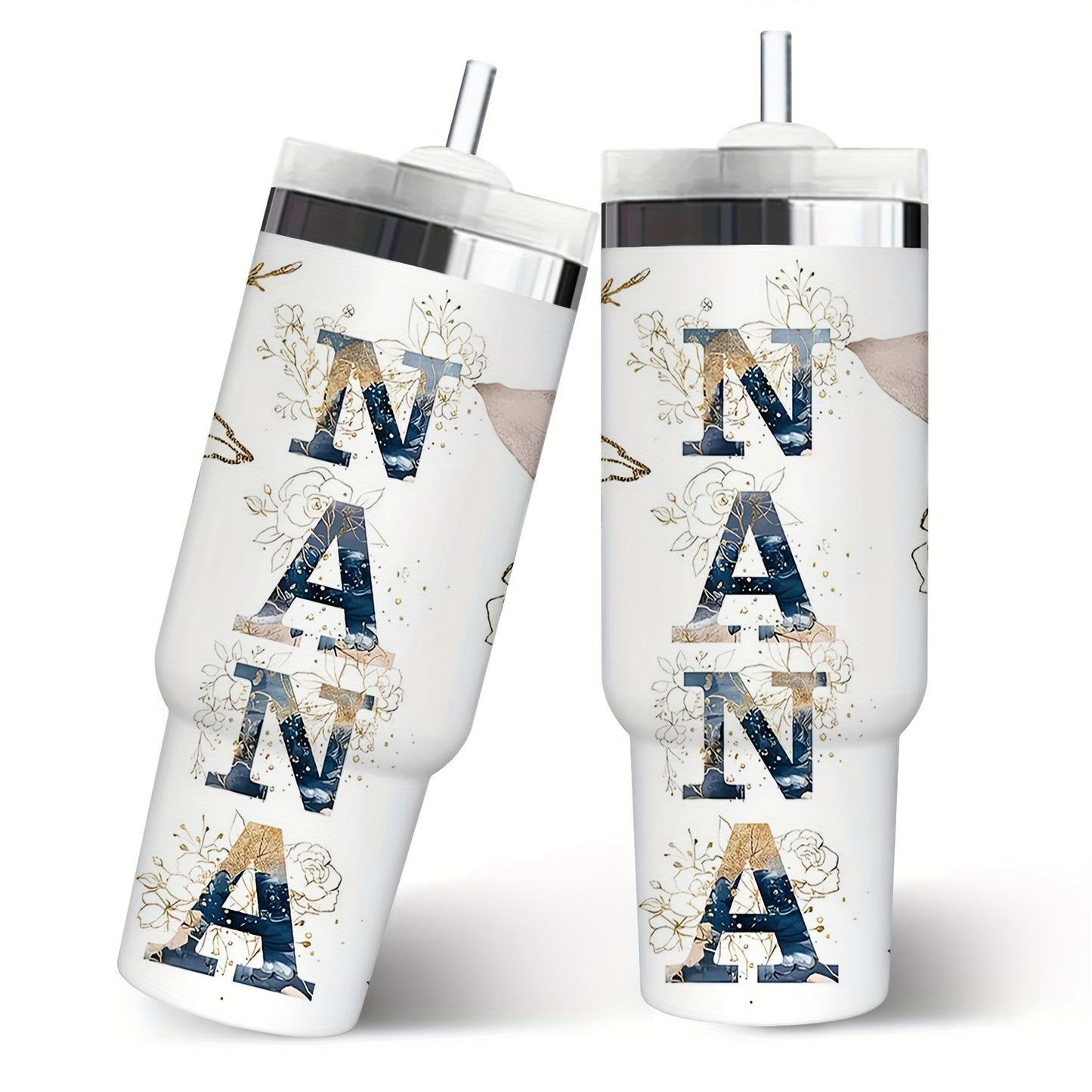 1pc 30oz Floral NANA Stainless Steel Insulated Tumbler with Lid & Straw, Double-Wall Vacuum Insulated Cup for Hot & Cold Drinks, Perfect for Outdoor Travel, Birthday & Holiday Gifts, Travel Drinkware | Floral Pattern Tumbler