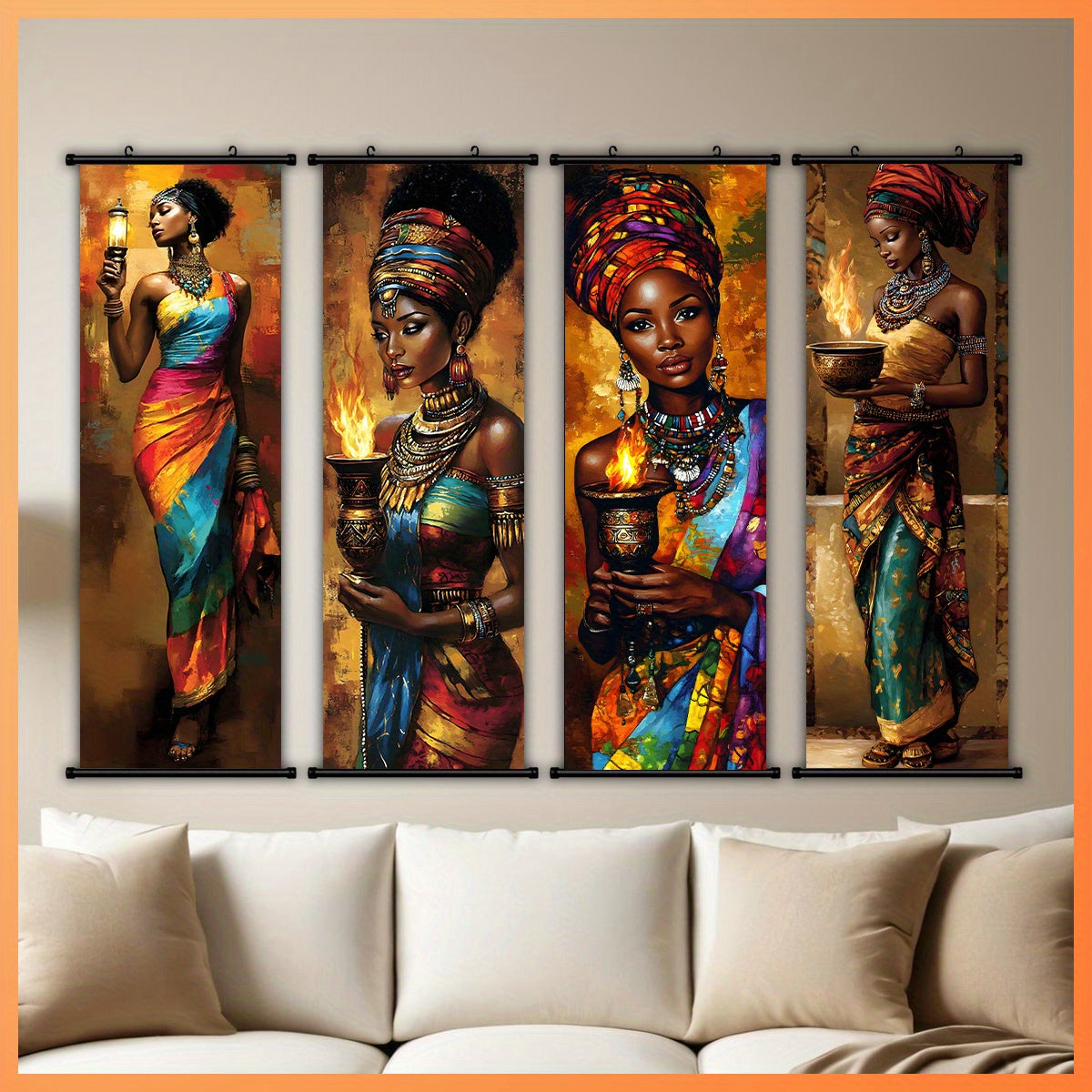 2D Flat, 2D/FLAT - 4pcs Vibrant African Tribal Art Wall Decor Set with Plastic Hooks, Easy to Hang – Perfect for Bedroom, Office, Living Room, Café Wall Decoration in Halloween Style, Halloween Wall Art, Indian Home Decor