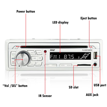 Pyle PLCDBT85MRW Marine Stereo Receiver Kit with Single DIN In-Dash LCD Digital Display, Built-in Bluetooth and Microphone, Includes Four 6.5” Waterproof Speakers, USB/SD/MP3/AUX/FM Radio Reader, Remote Control, Universal M