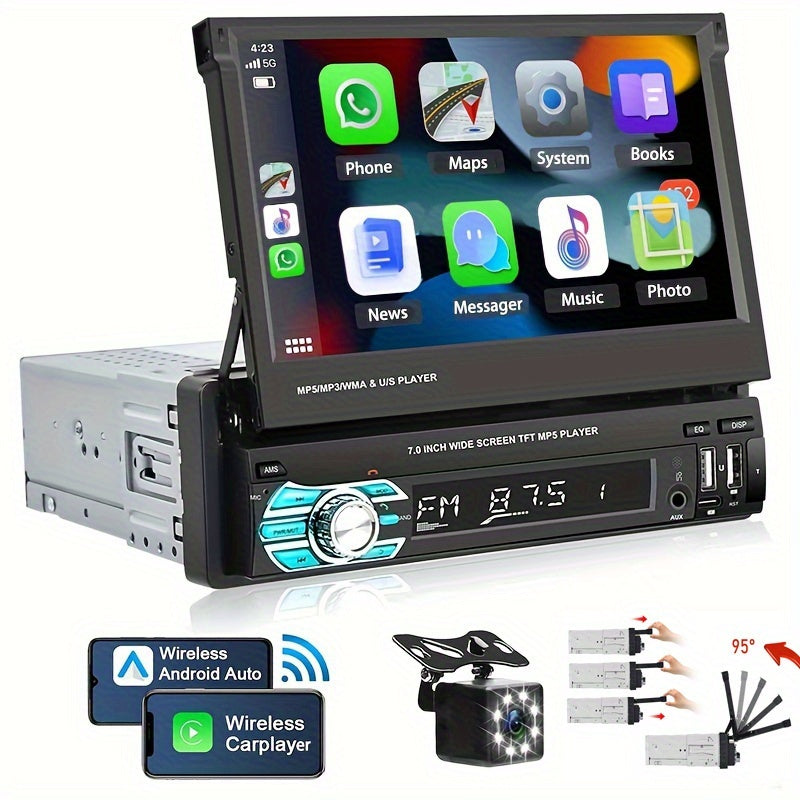 Podofo Wireless Carplayer - Single Din Car Stereo - 7 Inch HD Flip Out Touchscreen Car Radio - with Wireless Car Player Android Auto, Wireless, Type-C/USB/TF/AUX, SWC, FM, Voice Control, Backup Camera