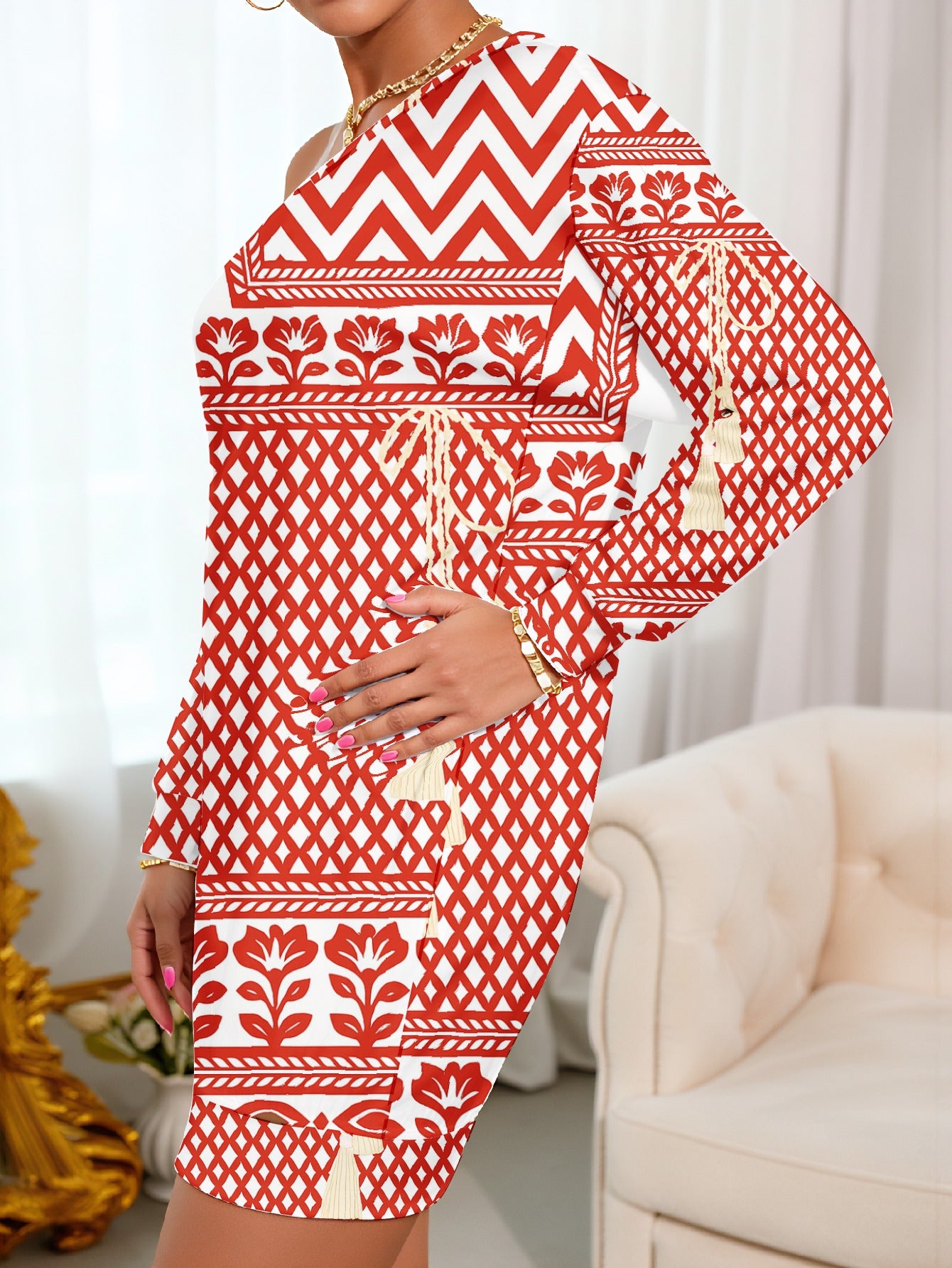 Plus Size, Elegant One-Shoulder/One-Strap Long Sleeve Dress - Red & White Geometric Floral print with Tassel Boho Dress, Fitted Party Wedding Guest Gown, Machine Washable Spring Outfit