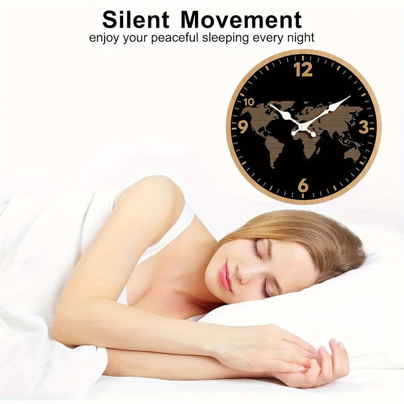 1pc Round Clock, World Map Themed Design Wall Clock, Silent Quartz Wooden Clock, Suitable for Bedroom Living Room Office Kitchen Bathroom, Battery Powered (Batteries Not Included)